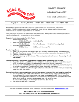 SUMMER SAUSAGE INFORMATION SHEET Semi-Dried, Unfermented