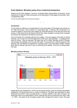 Svein Gjedrem: Monetary Policy from a Historical Perspective (Central