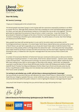 Letter to Ms Saxby: Cummings