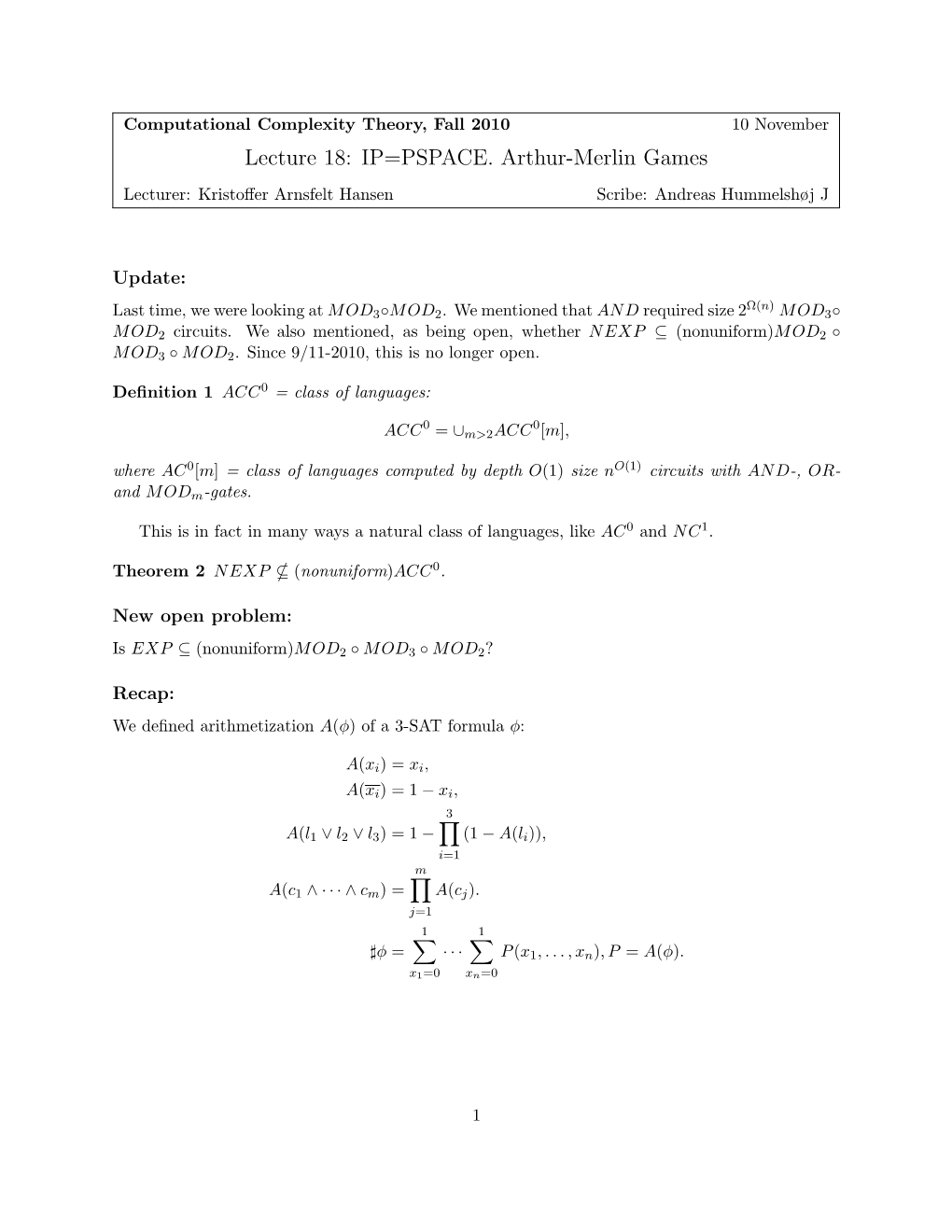 IP=PSPACE. Arthur-Merlin Games