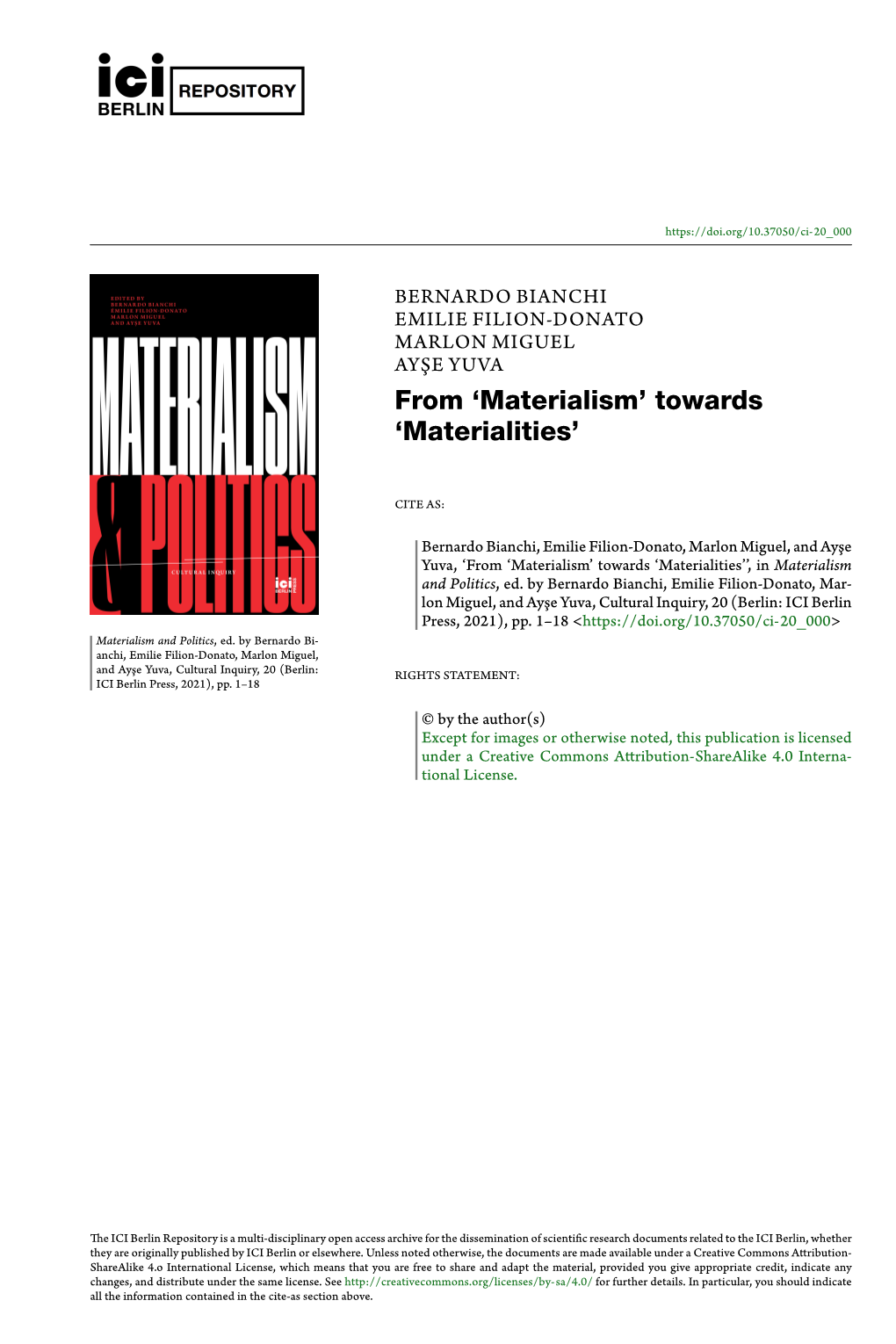 From 'Materialism' Towards 'Materialities'