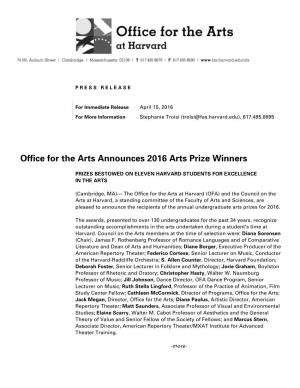 Office for the Arts Announces 2016 Arts Prize Winners