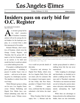 Insiders Pass on Early Bid for OC Register