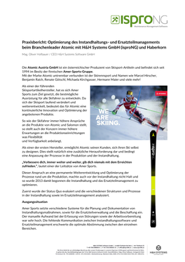 Praxisbericht: Optimierung Des Instandhaltungs- Und Ersatzteilmanagements Beim Branchenleader Atomic Mit H&H Systems Gmbh (Isprong) Und Haberkorn