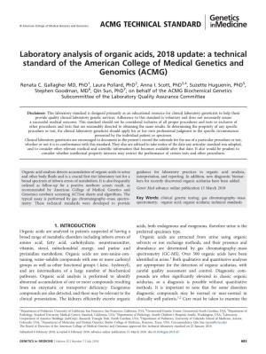 Laboratory Analysis of Organic Acids, 2018 Update: a Technical Standard of the American College of Medical Genetics and Genomics (ACMG)