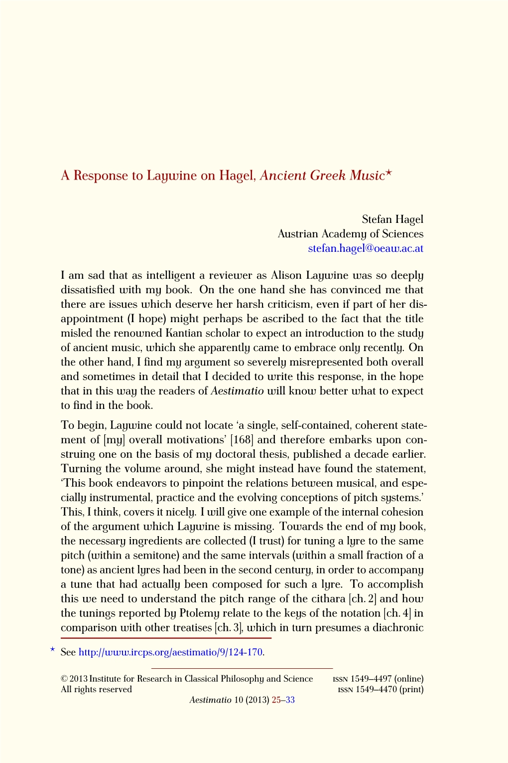 A Response to Laywine on Hagel, Ancient Greek Music ⋆