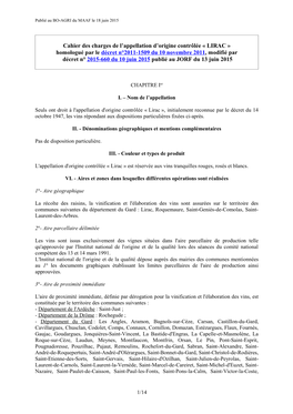 Cahier Des Charges De L'appellation D'origine Contrôlée Lirac