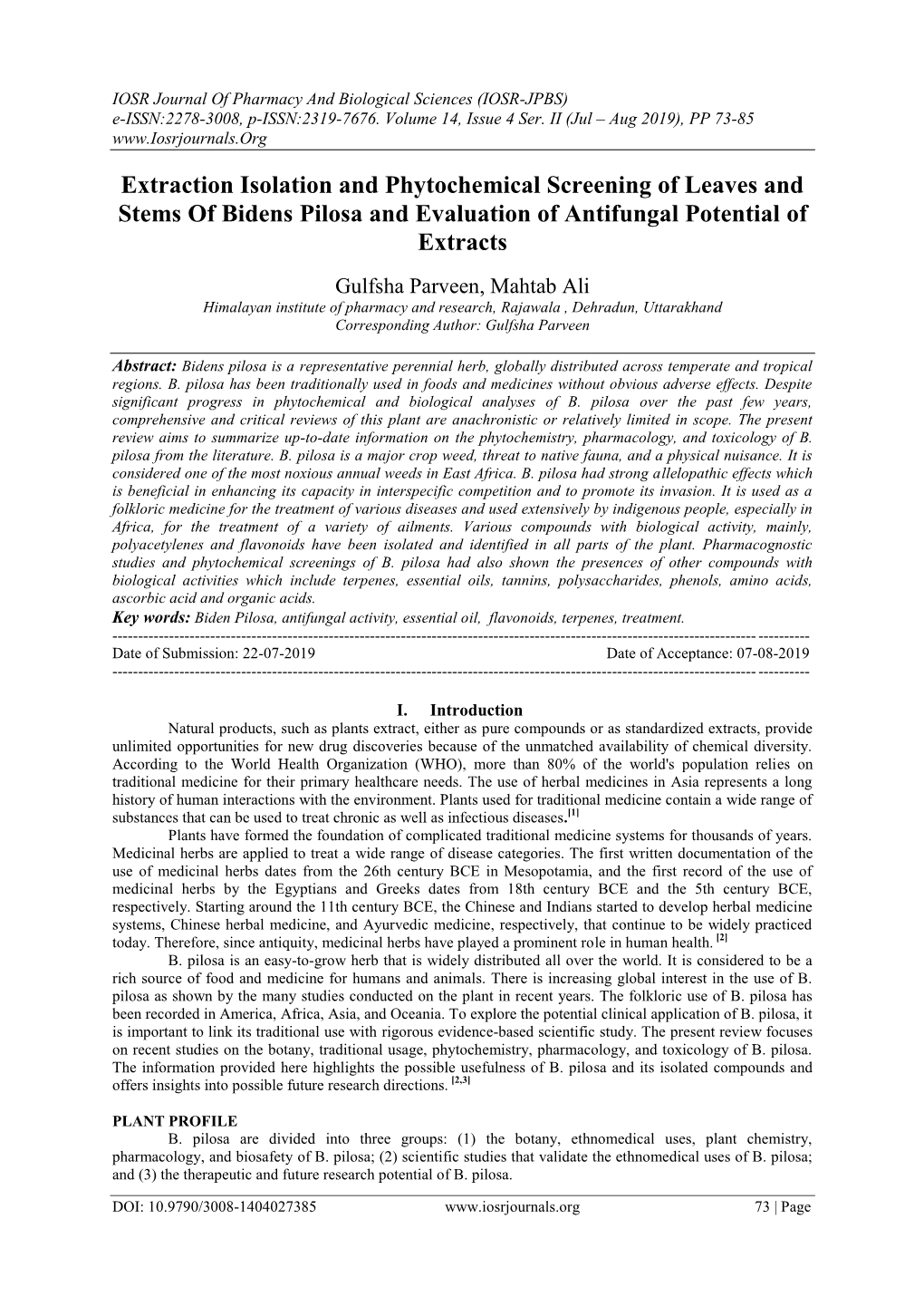 Extraction Isolation and Phytochemical Screening of Leaves and Stems of Bidens Pilosa and Evaluation of Antifungal Potential of Extracts