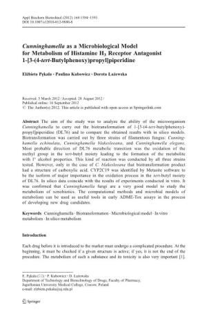 Cunninghamella As a Microbiological Model for Metabolism of Histamine H3 Receptor Antagonist 1-[3-(4-Tert-Butylphenoxy)Propyl]Piperidine