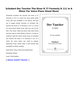 Schubert Der Taucher the Diver D 77 Formerly D 111 in a Minor for Voice Piano Sheet Music