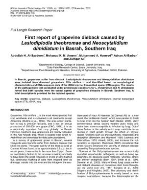First Report of Grapevine Dieback Caused by Lasiodiplodia Theobromae and Neoscytalidium Dimidiatum in Basrah, Southern Iraq