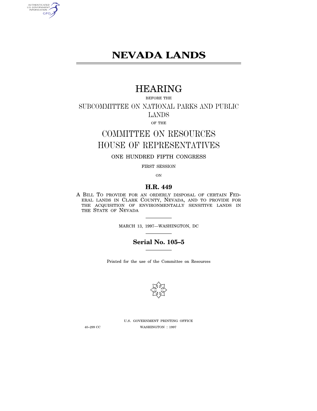 Nevada Lands Hearing Committee on Resources