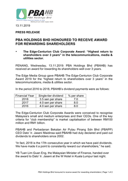 Pba Holdings Bhd Honoured to Receive Award for Rewarding Shareholders