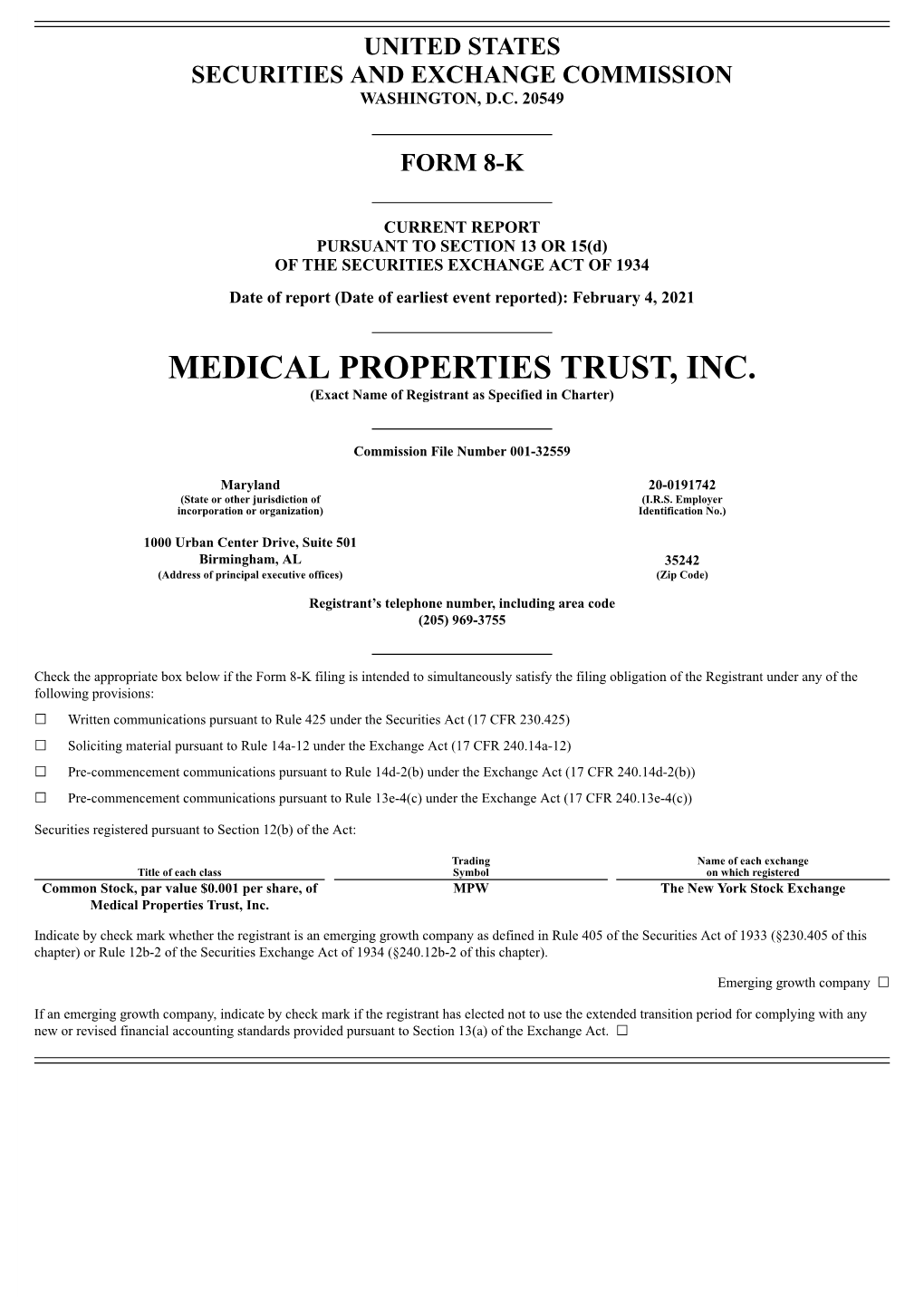 MEDICAL PROPERTIES TRUST, INC. (Exact Name of Registrant As Specified in Charter)