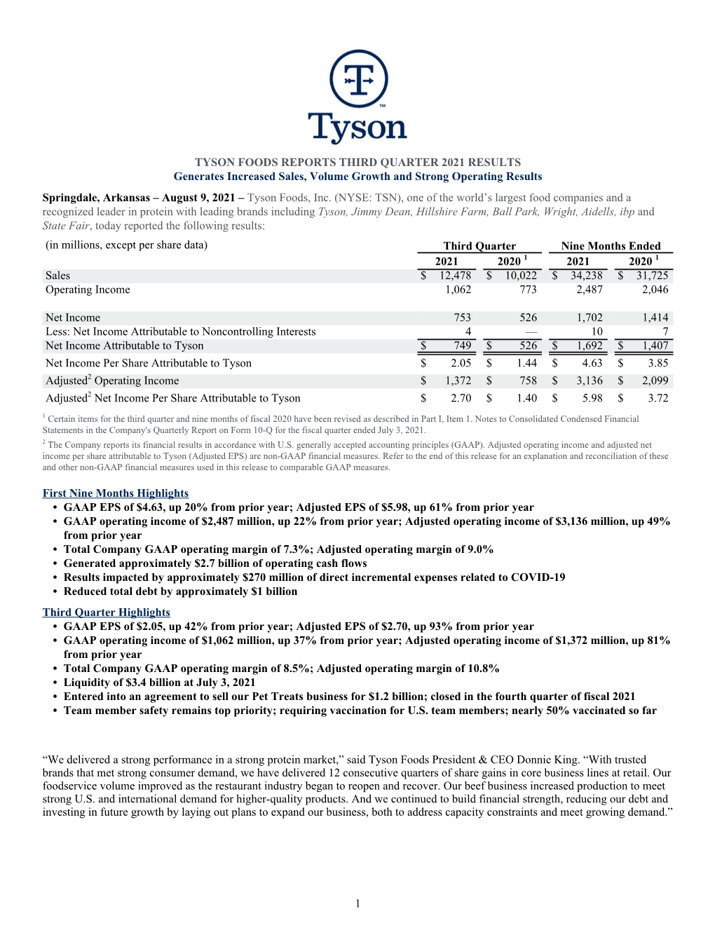 Tyson Foods Reports Third Quarter 2021 Results