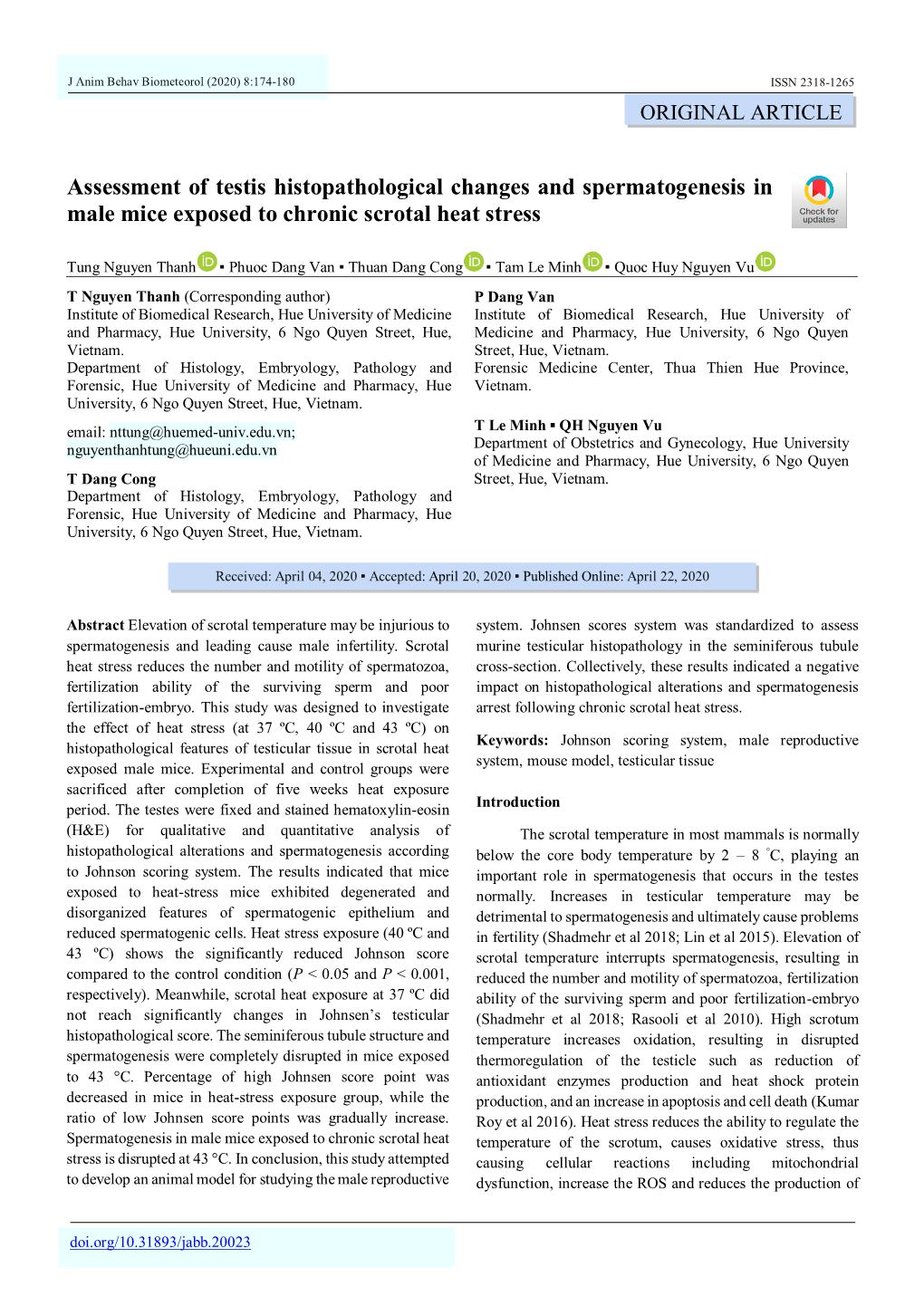 Assessment of Testis Histopathological Changes and Spermatogenesis in Male Mice Exposed to Chronic Scrotal Heat Stress