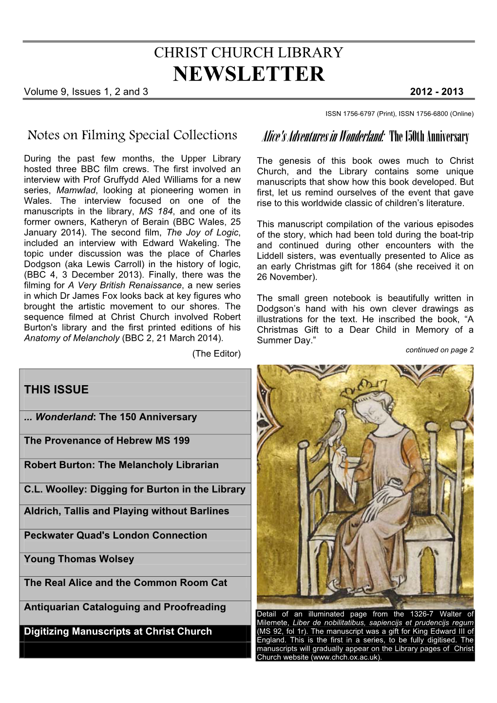 CHRIST CHURCH LIBRARY NEWSLETTER Volume 9, Issues 1, 2 and 3 2012 - 2013
