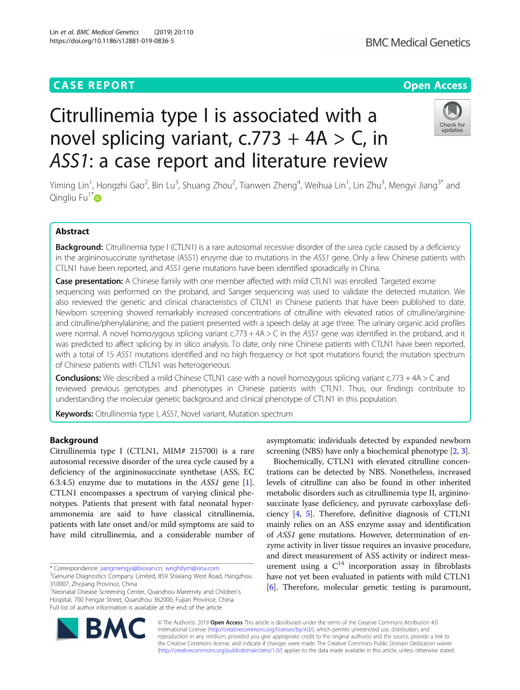 Citrullinemia Type I Is Associated with a Novel