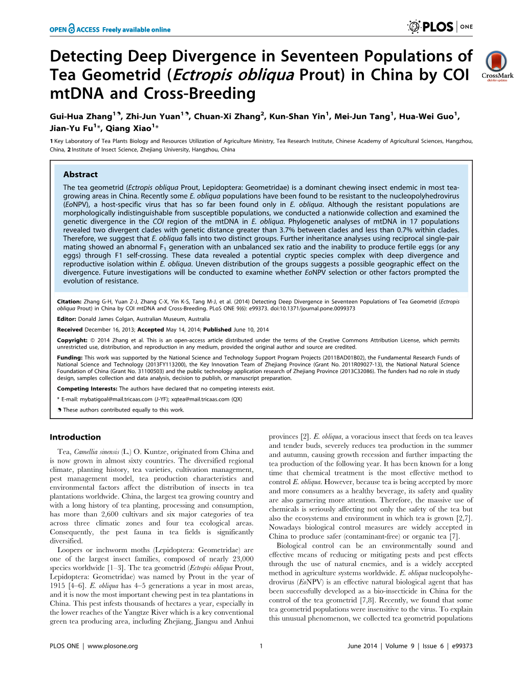 Detecting Deep Divergence in Seventeen Populations of Tea Geometrid (Ectropis Obliqua Prout) in China by COI Mtdna and Cross-Breeding