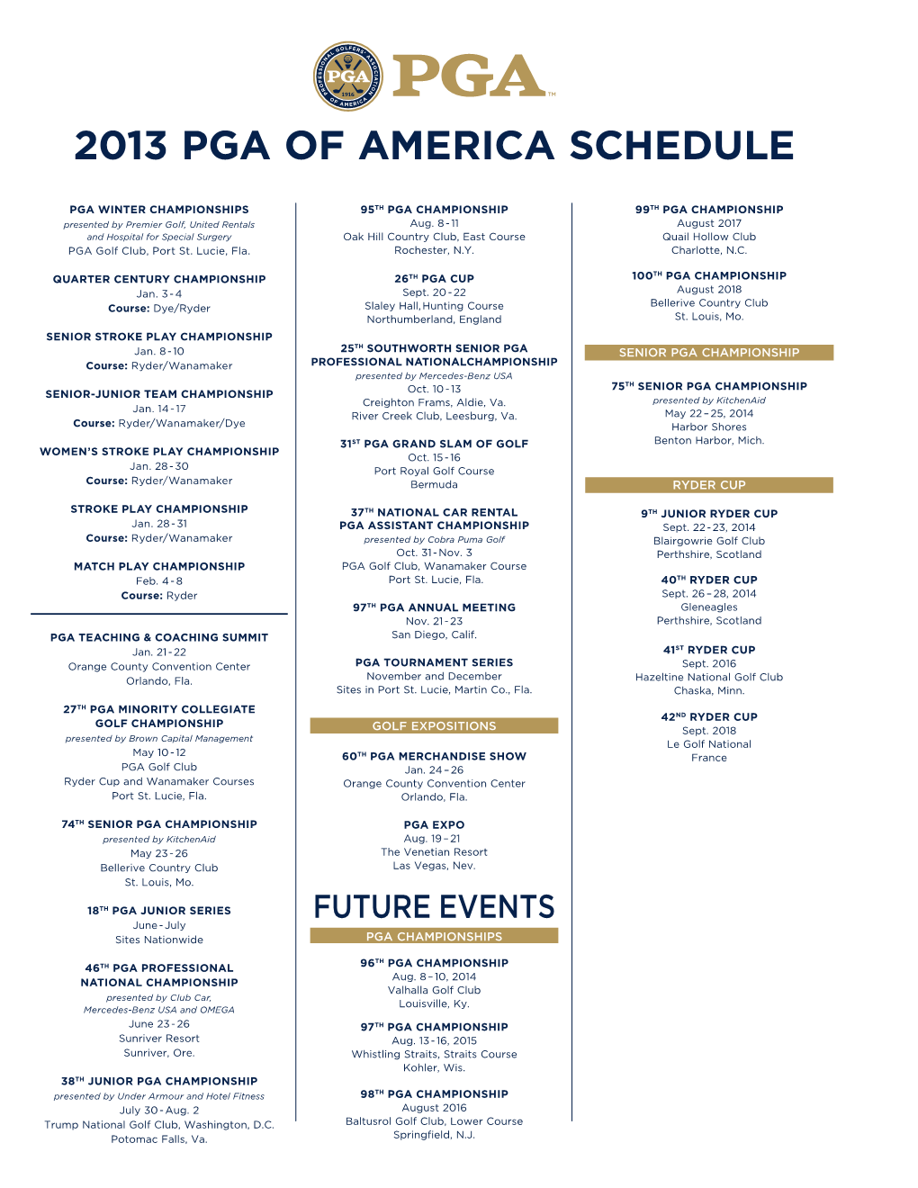 2013 PGA of America Schedule