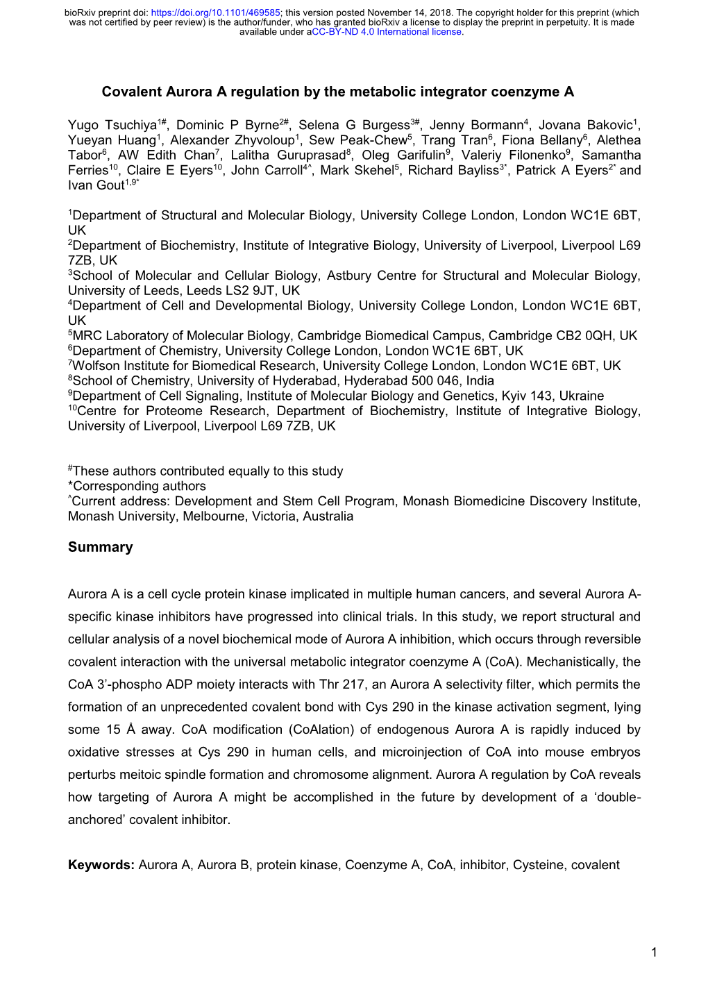 Covalent Aurora a Regulation by the Metabolic Integrator Coenzyme A