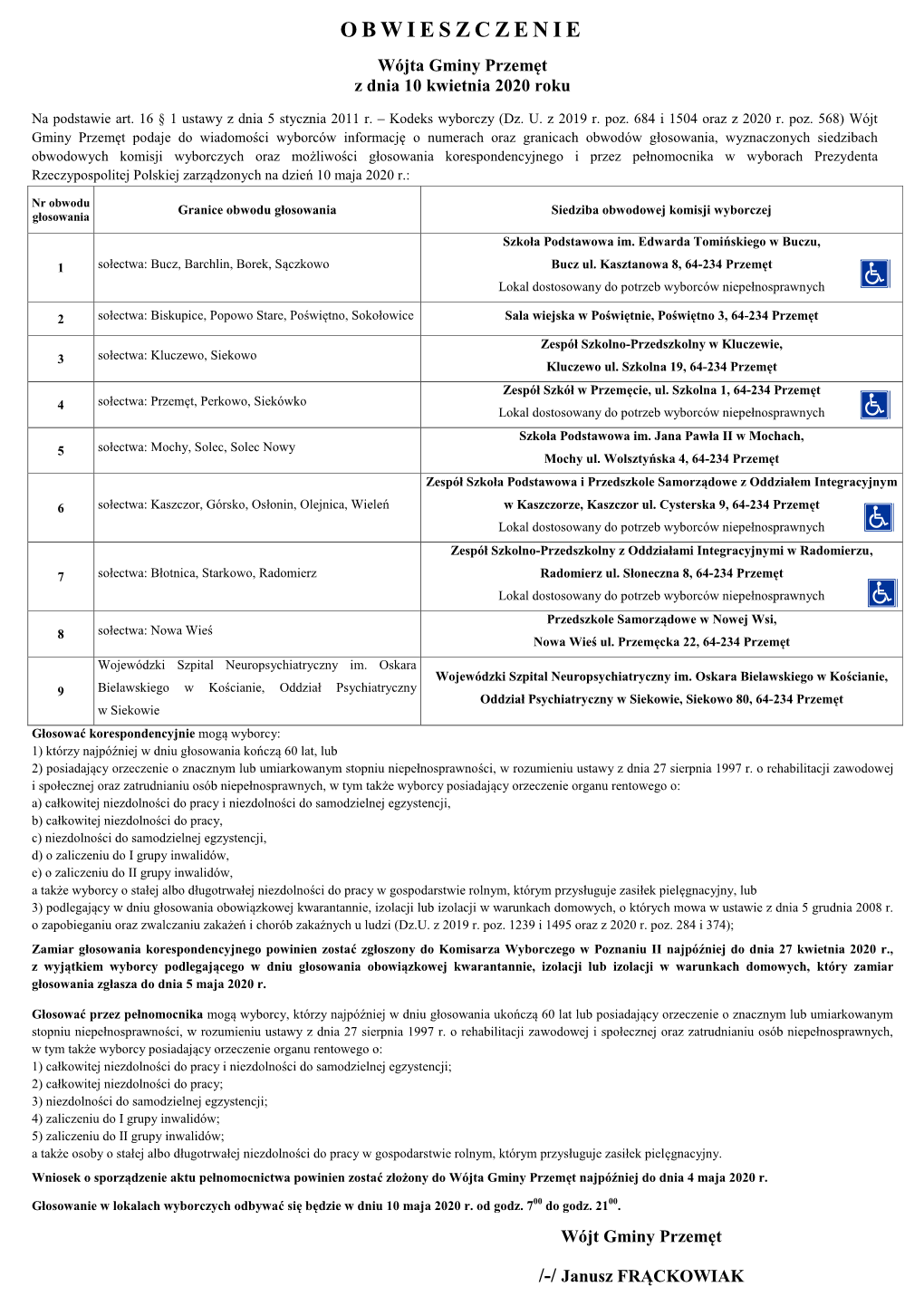 OBWIESZCZENIE Wójta Gminy Przem Ęt Z Dnia 10 Kwietnia 2020 Roku