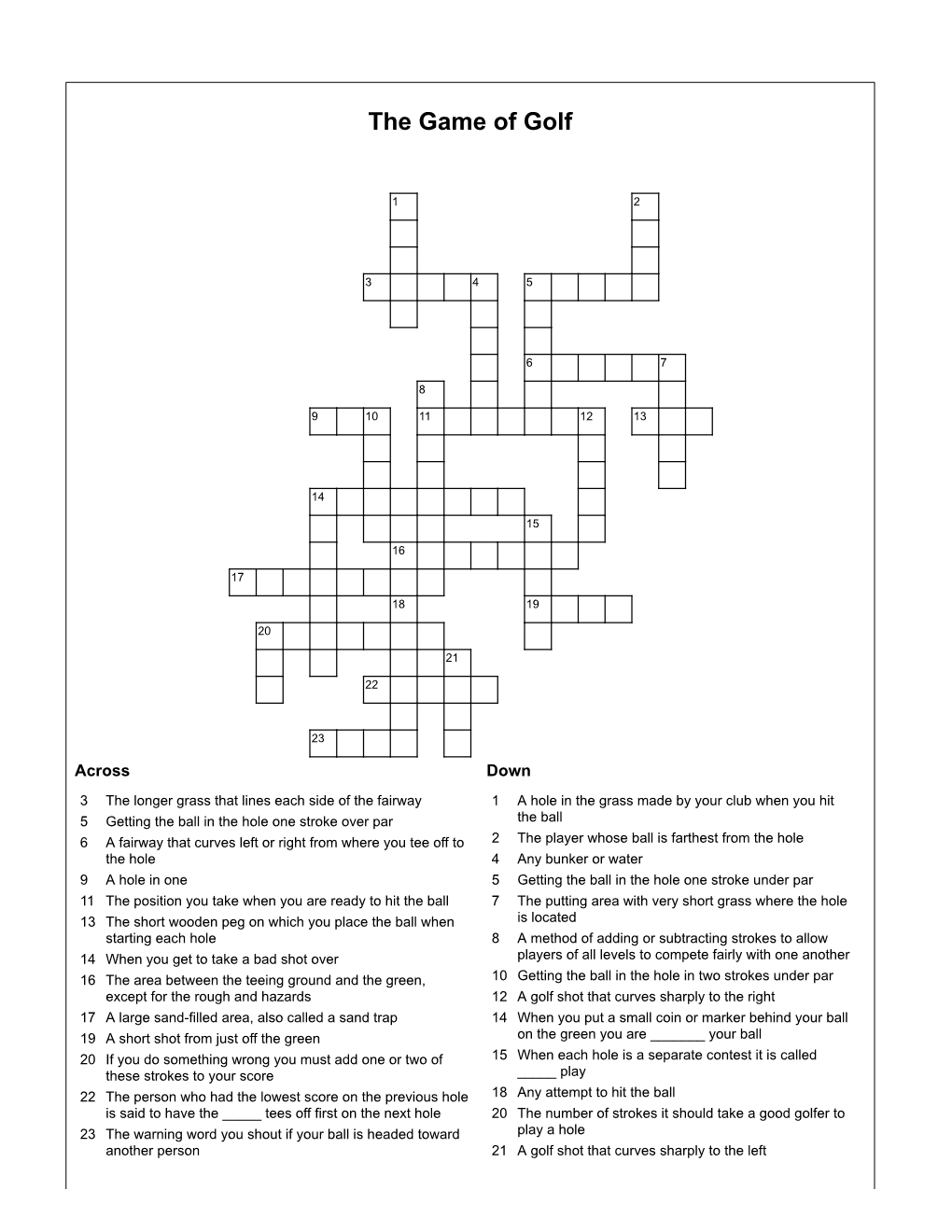 The Game of Golf Crossword Puzzle