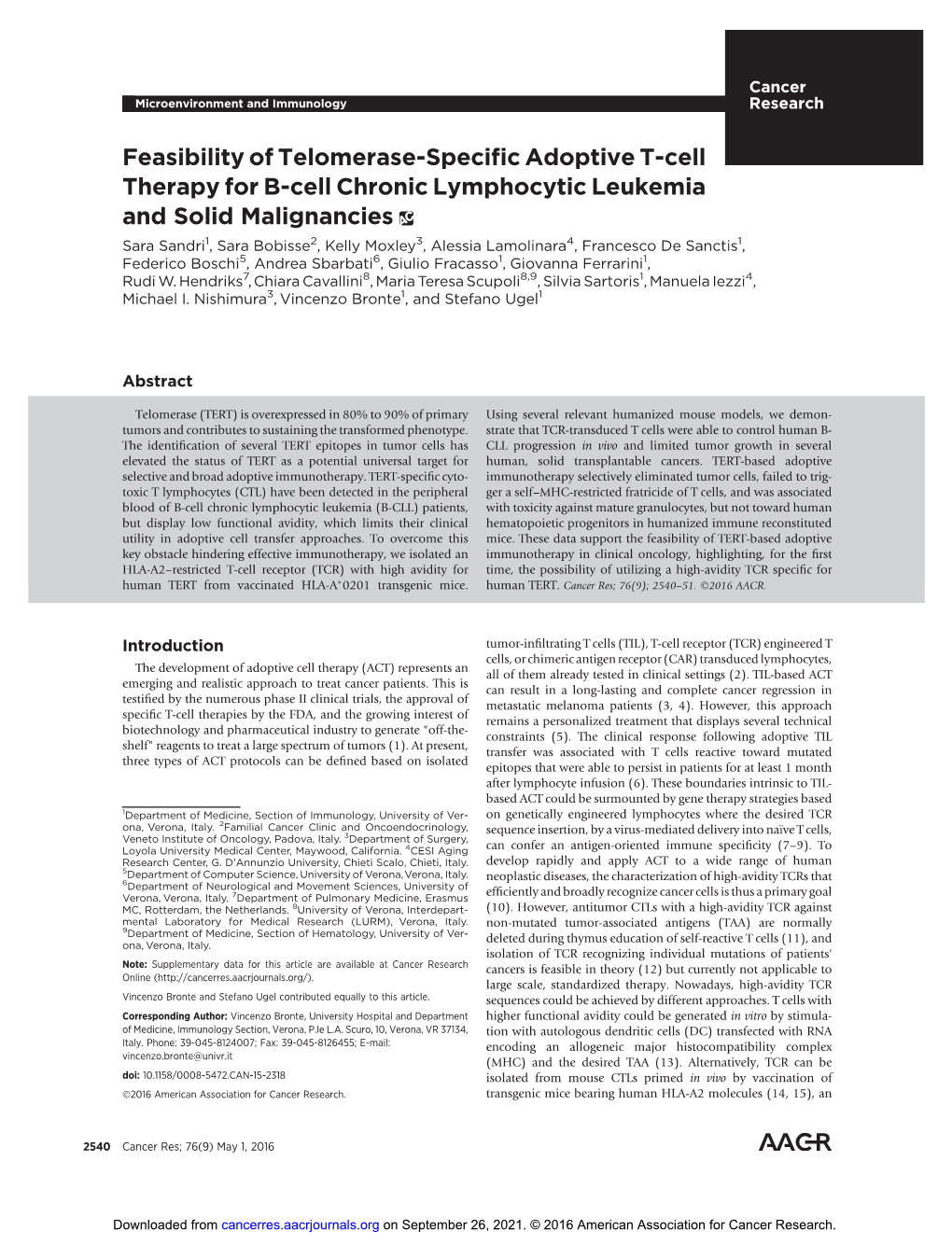 Feasibility of Telomerase-Specific Adoptive T-Cell Therapy for B-Cell Chronic Lymphocytic Leukemia and Solid Malignancies