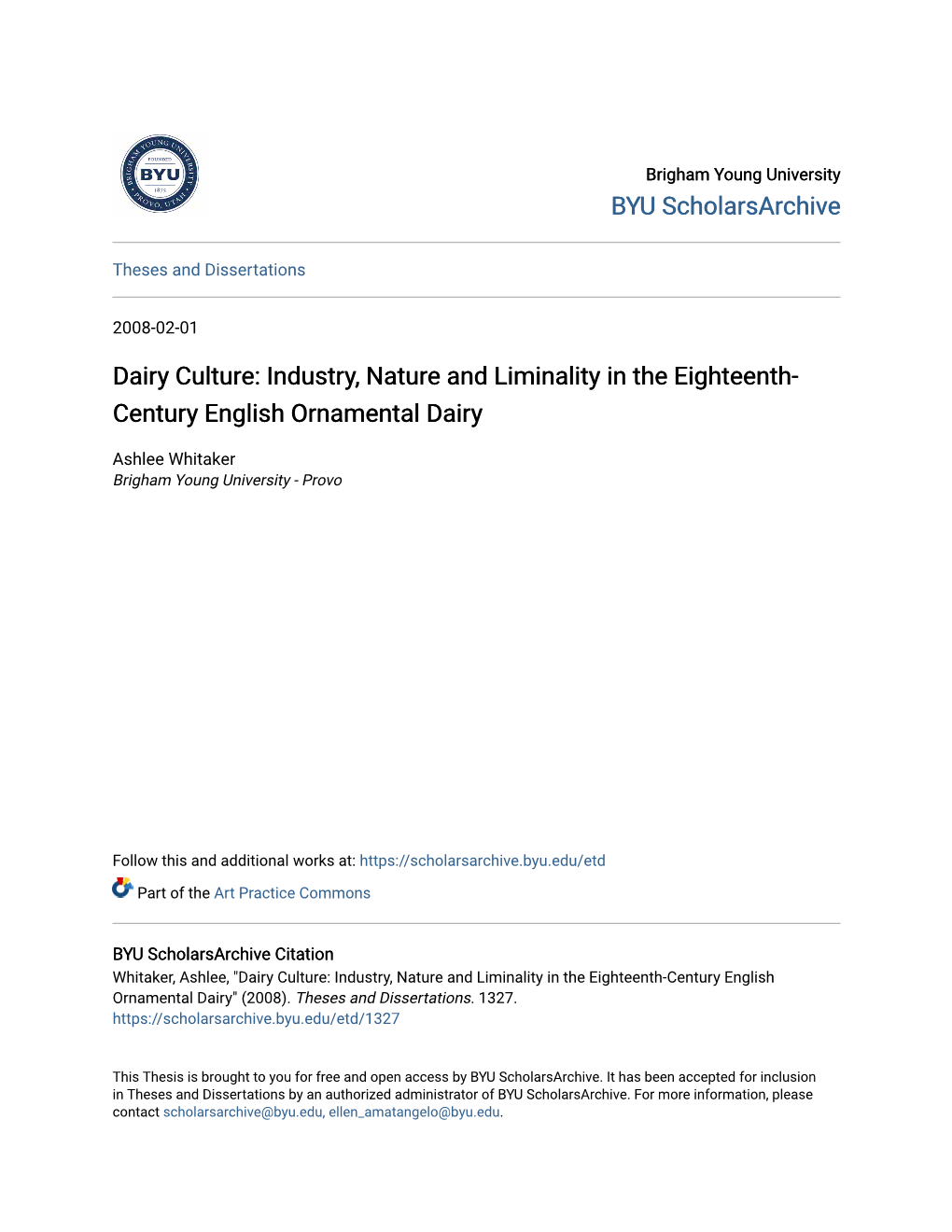 Dairy Culture: Industry, Nature and Liminality in the Eighteenth- Century English Ornamental Dairy