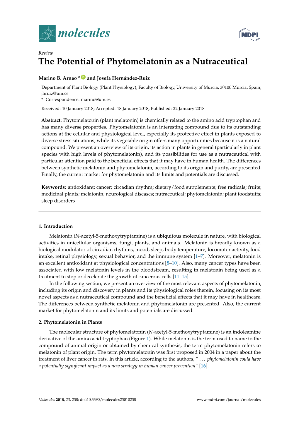 The Potential of Phytomelatonin As a Nutraceutical