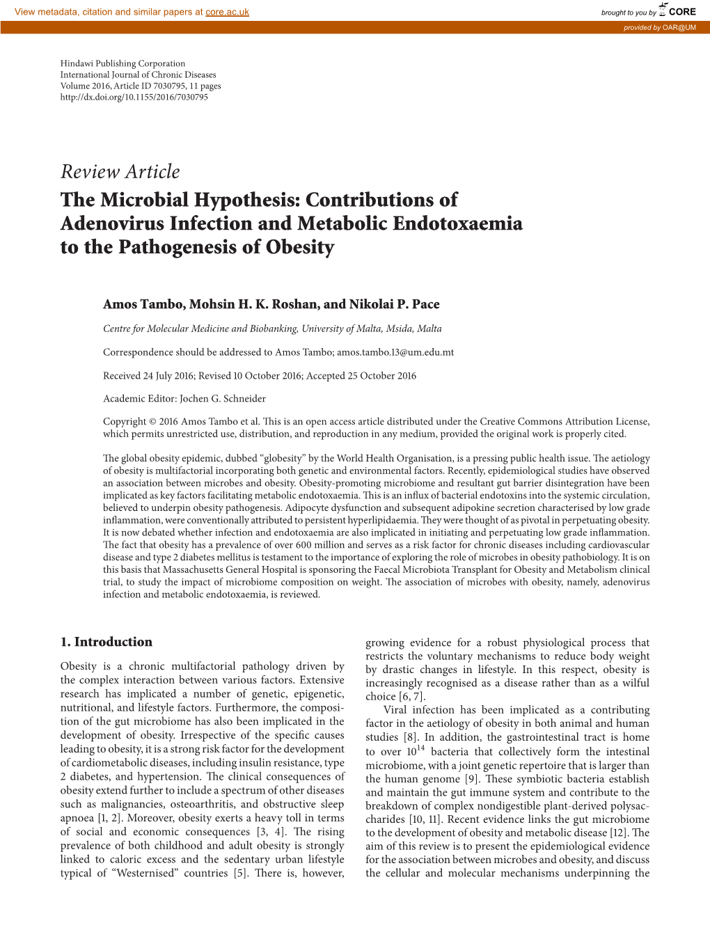 Review Article the Microbial Hypothesis: Contributions of Adenovirus Infection and Metabolic Endotoxaemia to the Pathogenesis of Obesity