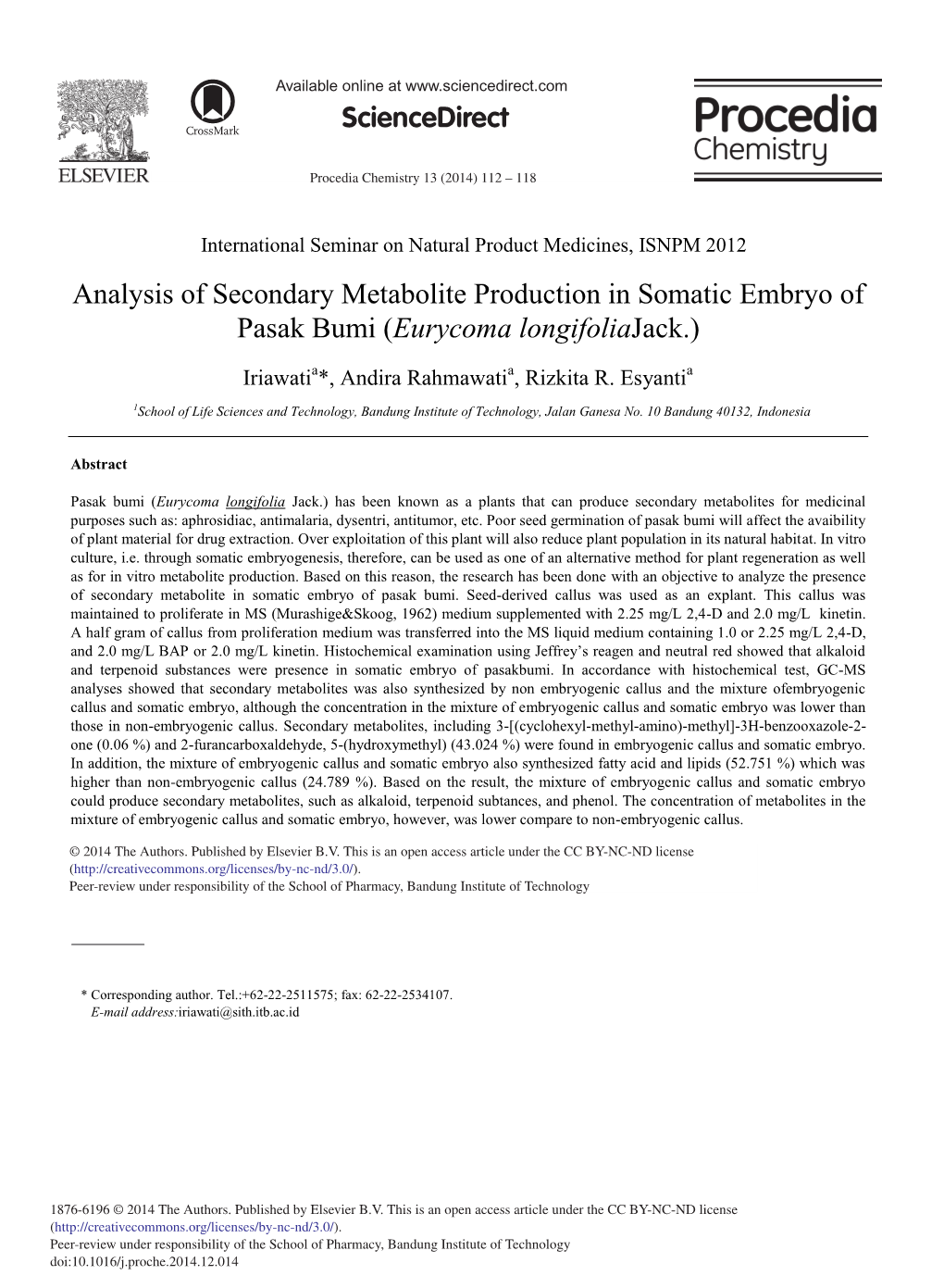 Analysis of Secondary Metabolite Production in Somatic Embryo of Pasak Bumi (Eurycoma Longifoliajack.)