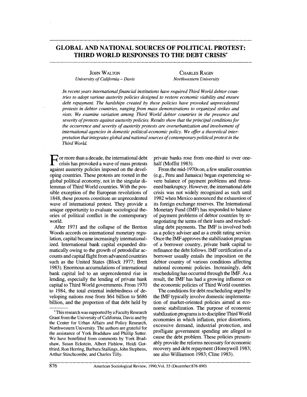 Global and National Sources of Political Protest: Third World Responses to the Debt Crisis*