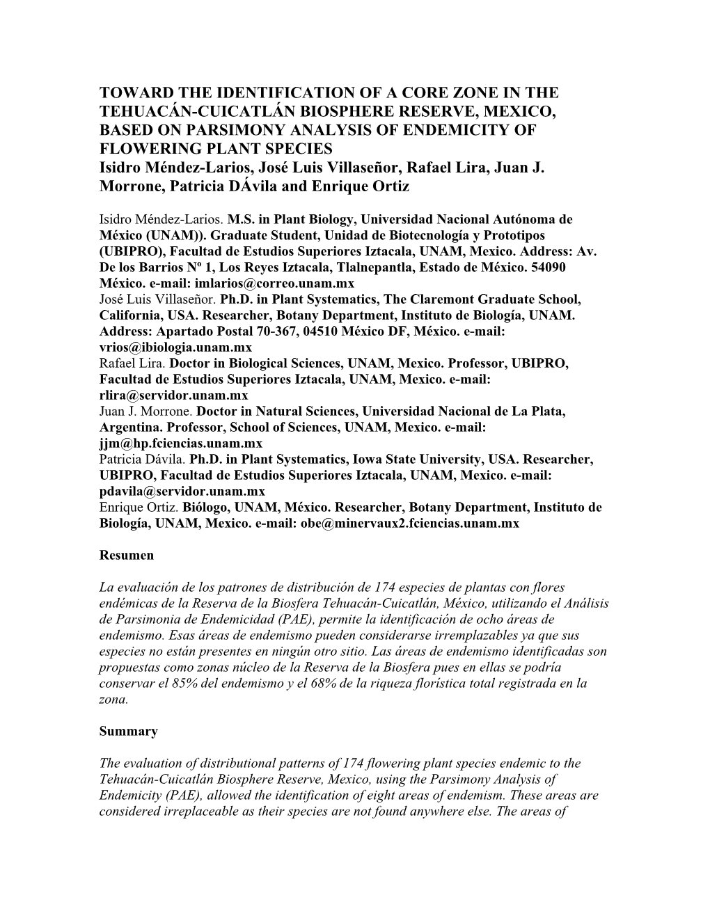 Toward the Identification of a Core Zone in the Tehuacán-Cuicatlán Biosphere Reserve, Mexico