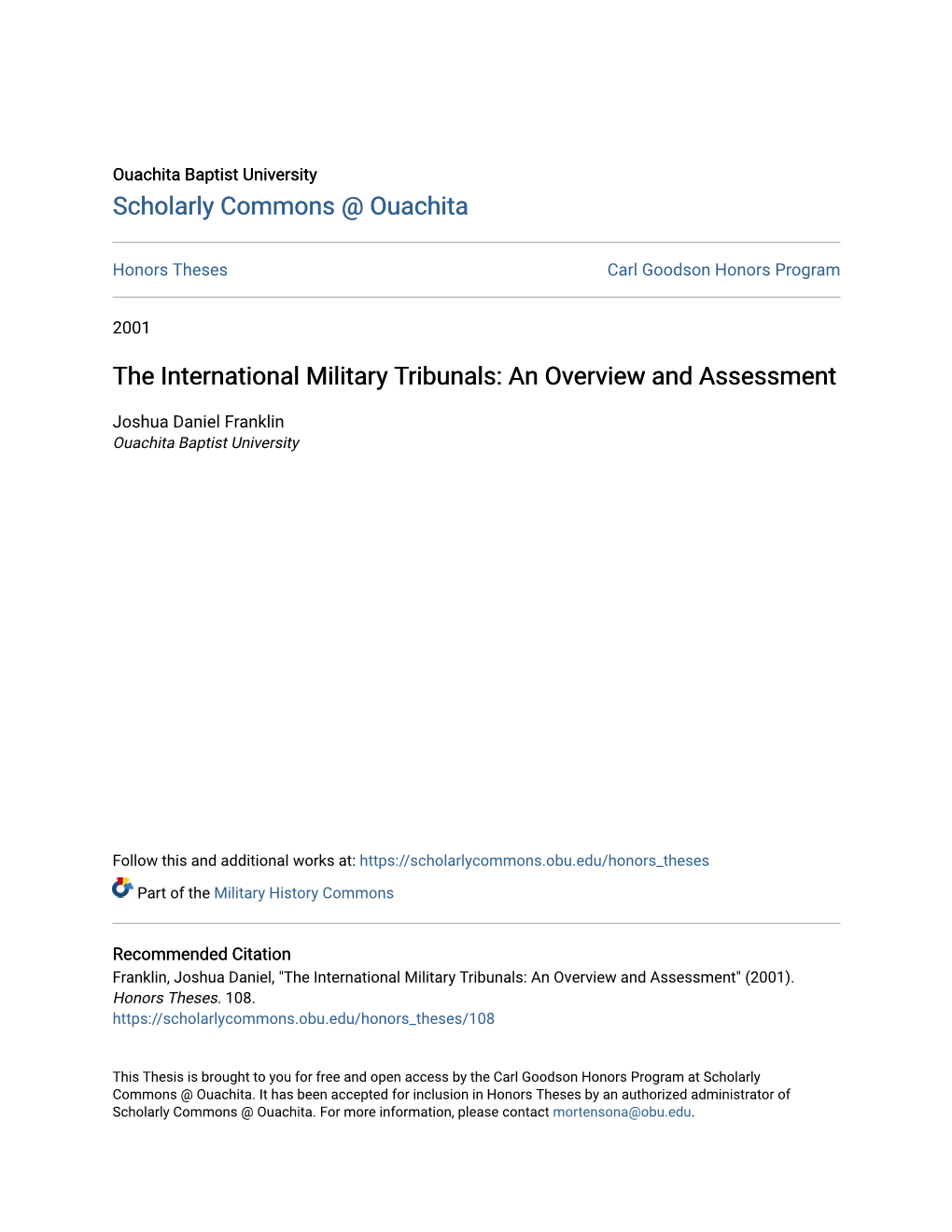 The International Military Tribunals: an Overview and Assessment