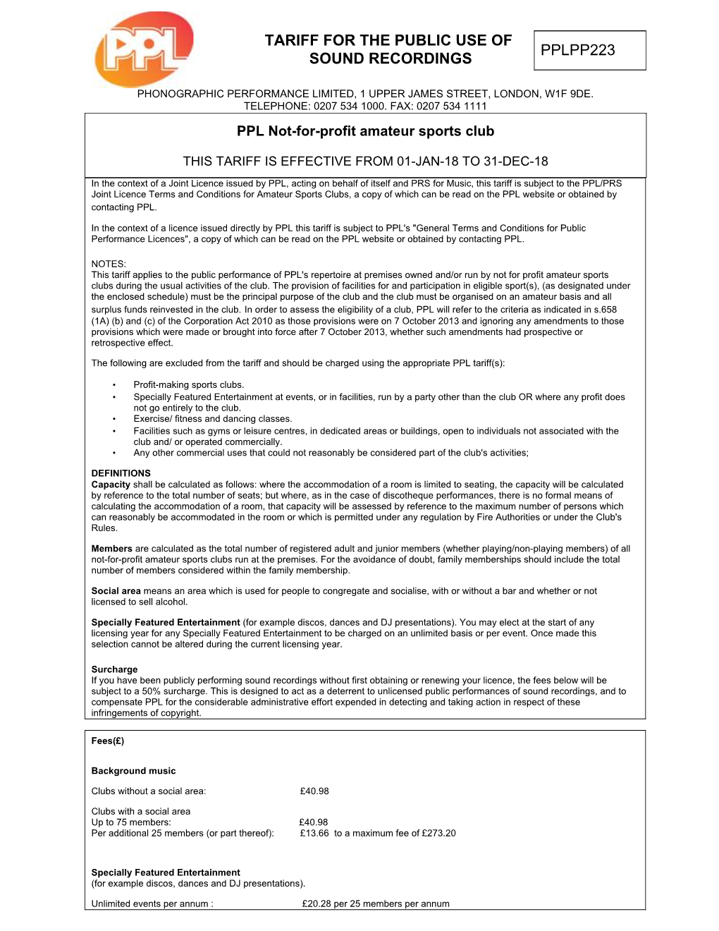 Tariff for the Public Use of Sound Recordings Pplpp223