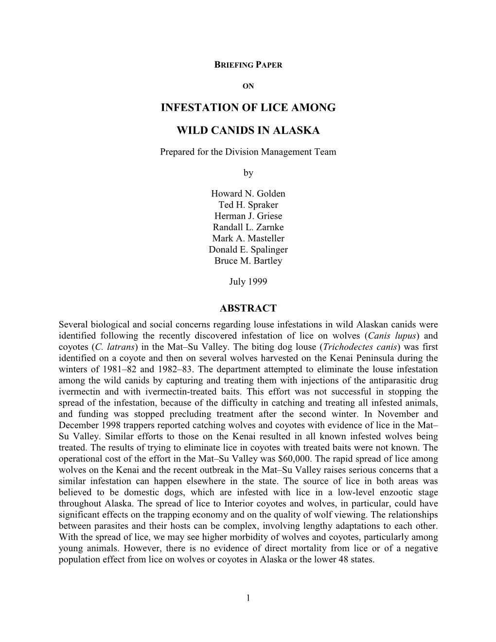 Briefing Paper on Infestation of Lice Among Wild Canids in Alaska