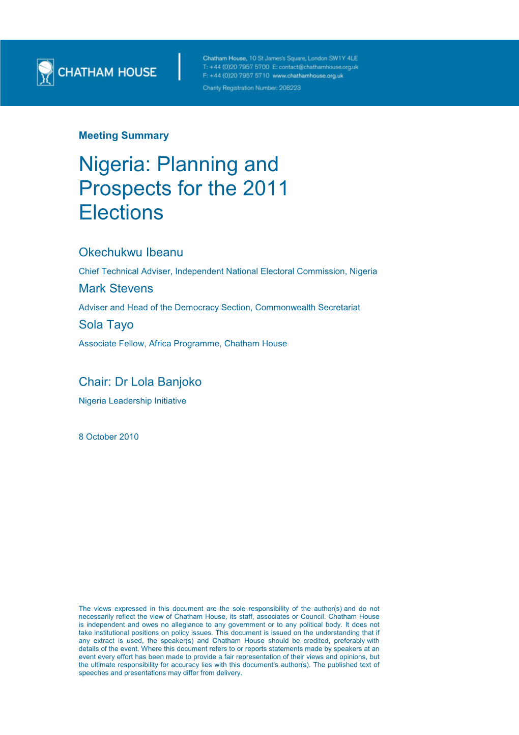 Nigeria: Planning and Prospects for the 2011 Elections
