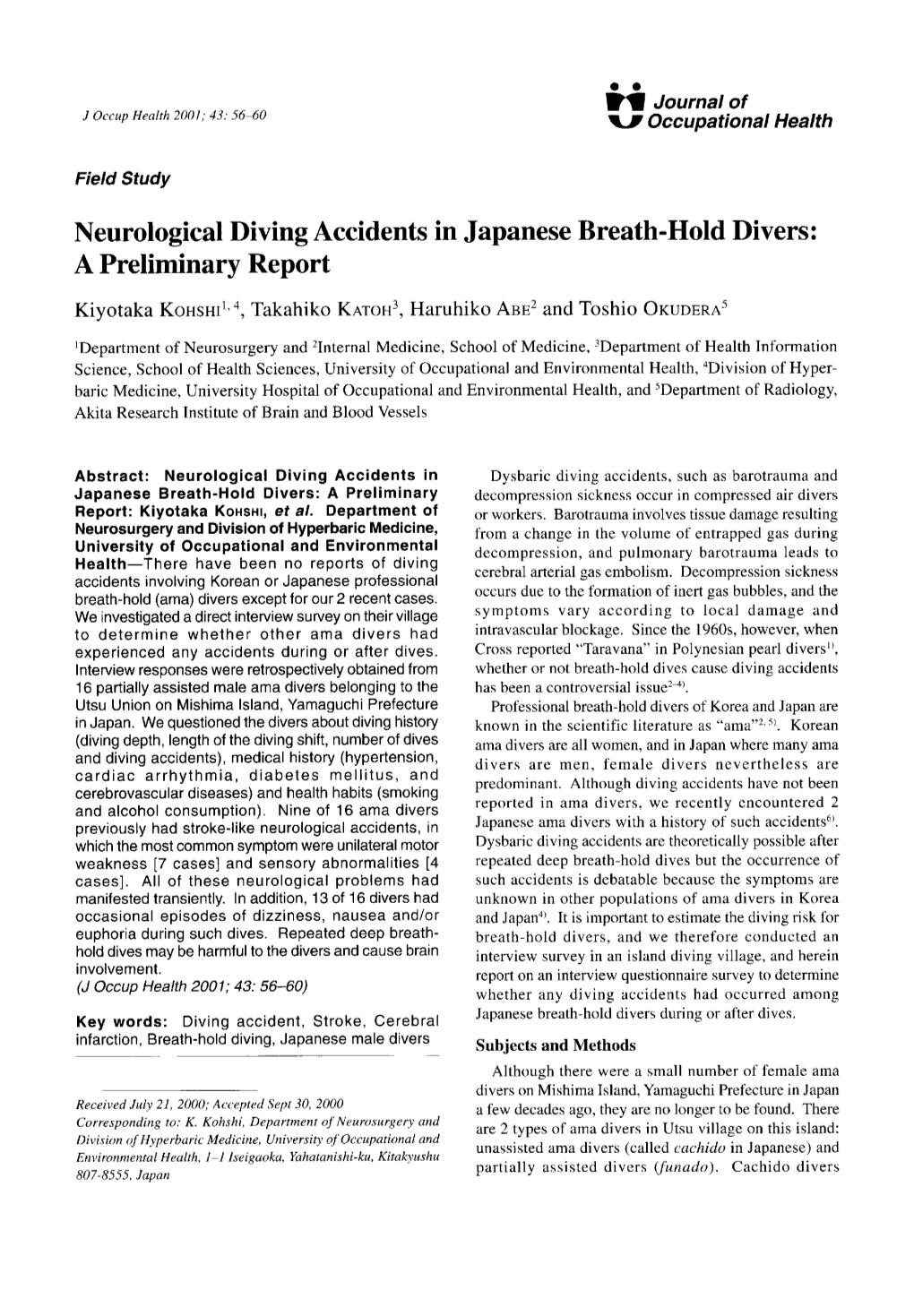Field Study Neurological Diving Accidents in Japanese