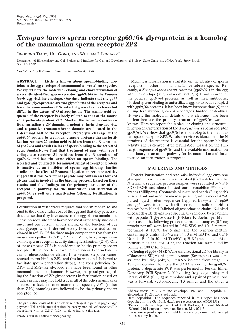 Xenopus Laevis Sperm Receptor Gp69/64 Glycoprotein Is a Homolog