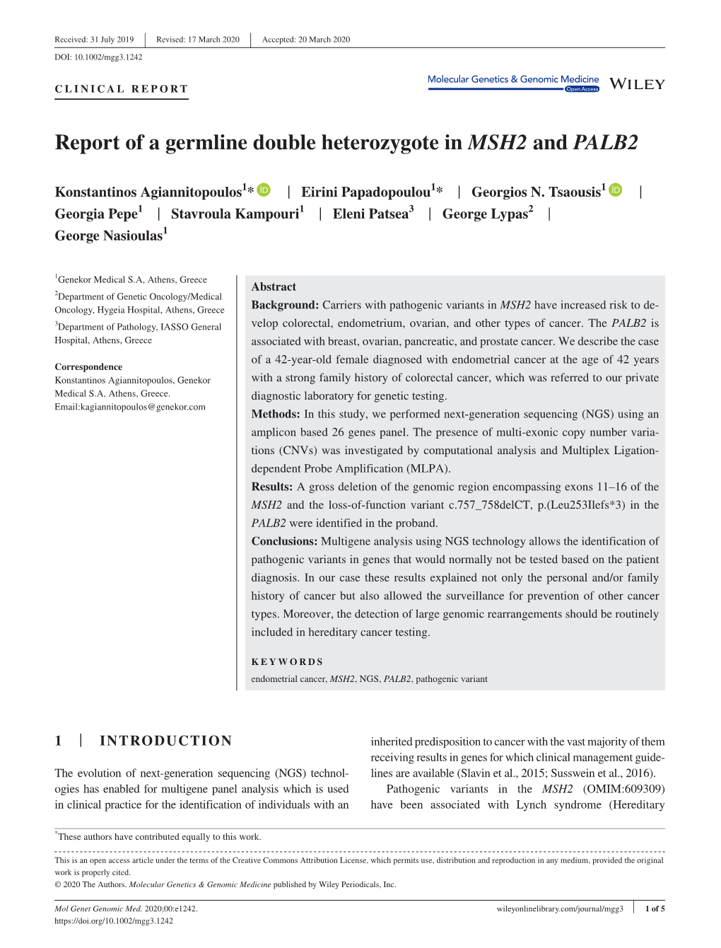 Report of a Germline Double Heterozygote in MSH2 and PALB2