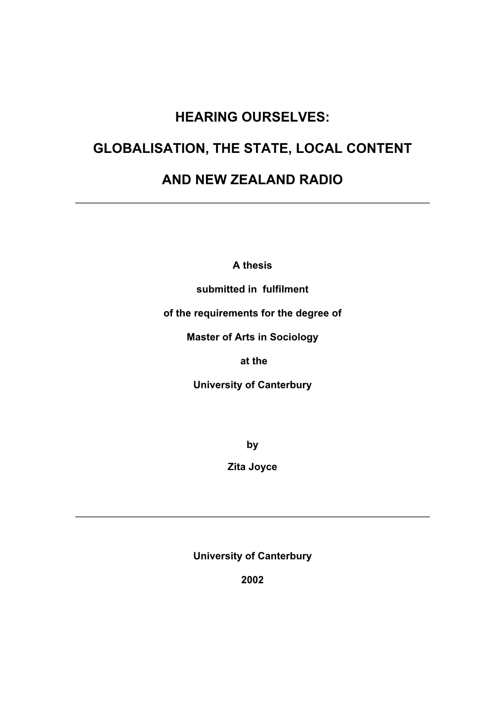 Hearing Ourselves: Globalisation, the State, Local Content and New Zealand Radio