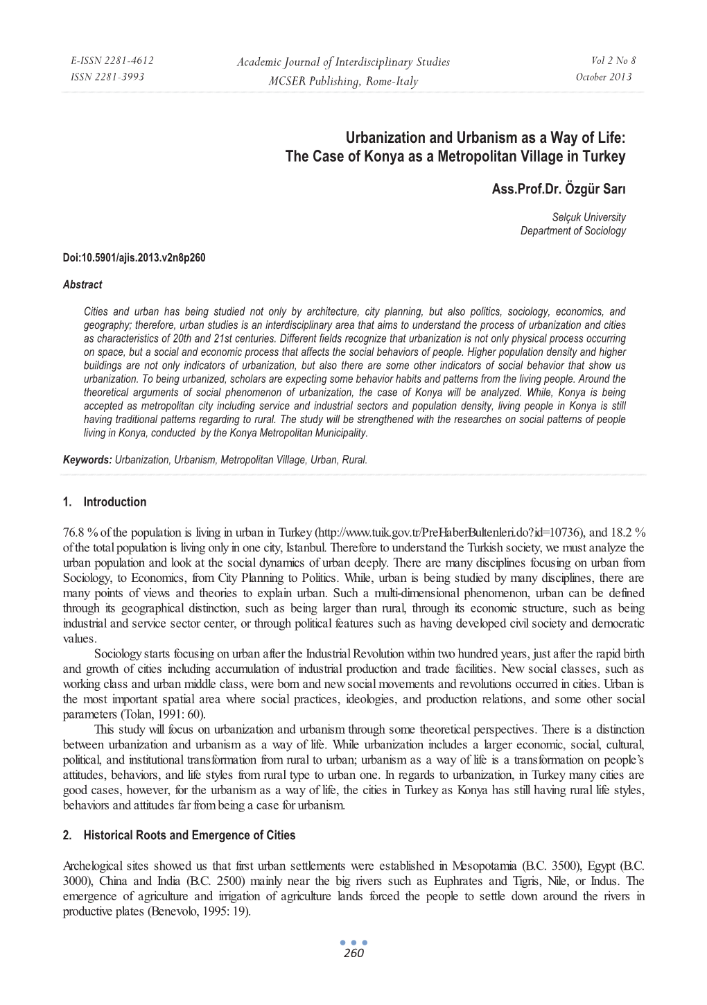 Urbanization and Urbanism As a Way of Life: the Case of Konya As a Metropolitan Village in Turkey