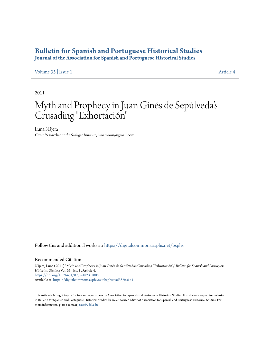 Myth and Prophecy in Juan Ginés De Sepúlveda's Crusading