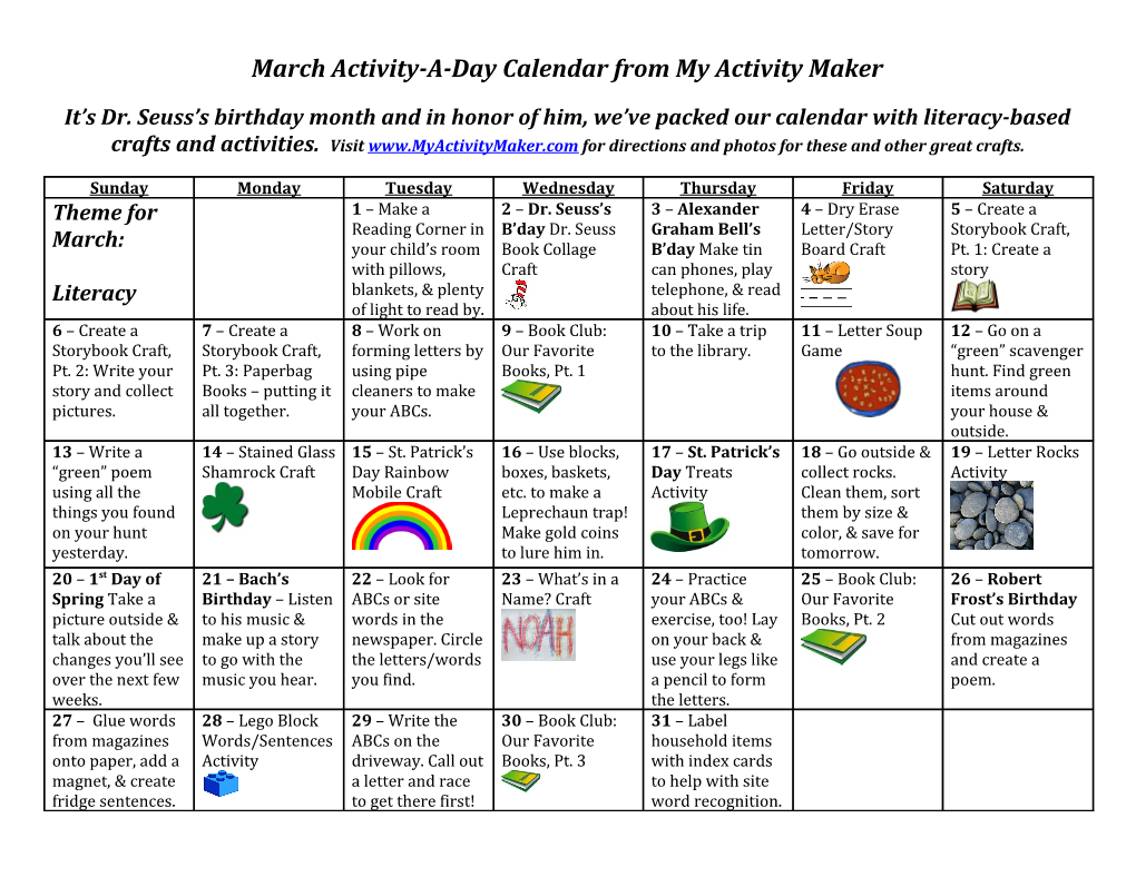 March Activity-A-Day Calendar from My Activity Maker