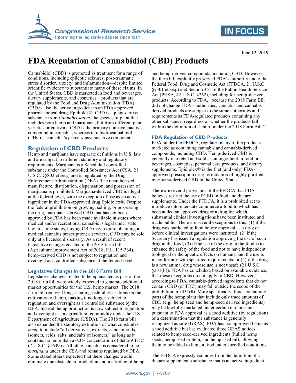 FDA Regulation of Cannabidiol (CBD) Products