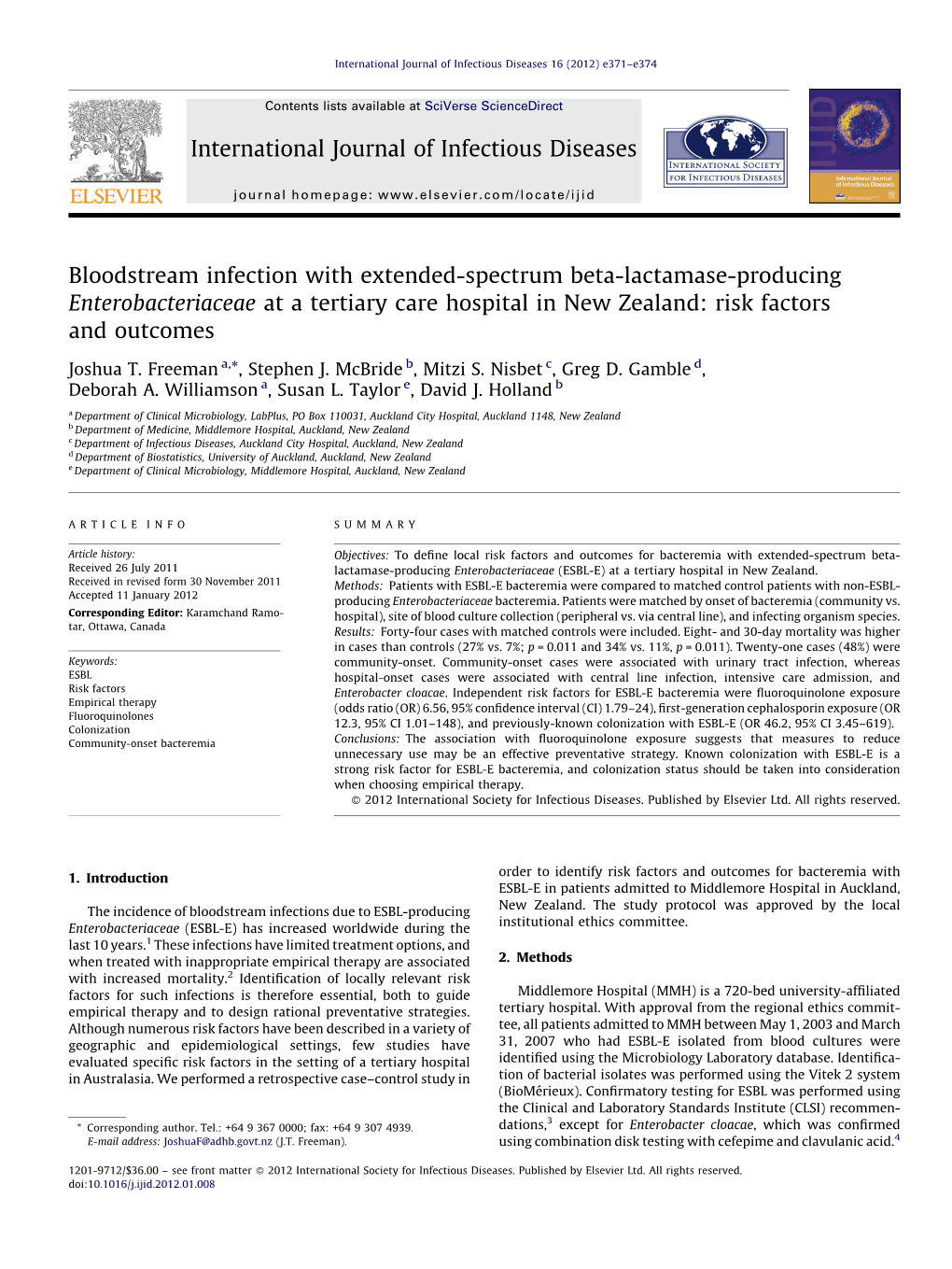 Bloodstream Infection with Extended-Spectrum Beta-Lactamase-Producing Enterobacteriaceae at a Tertiary Care Hospital in New Zeal