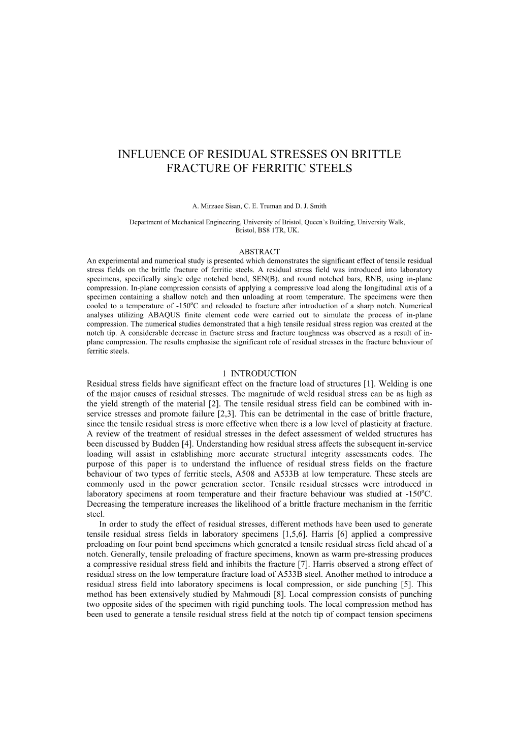 Effect of Tensile Residual Stress on Brittle Fracture of Ferritic Steel