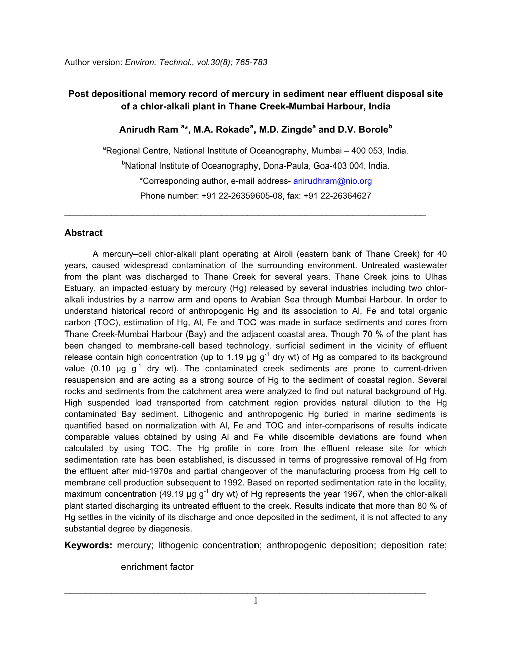 1 Post Depositional Memory Record of Mercury in Sediment Near Effluent