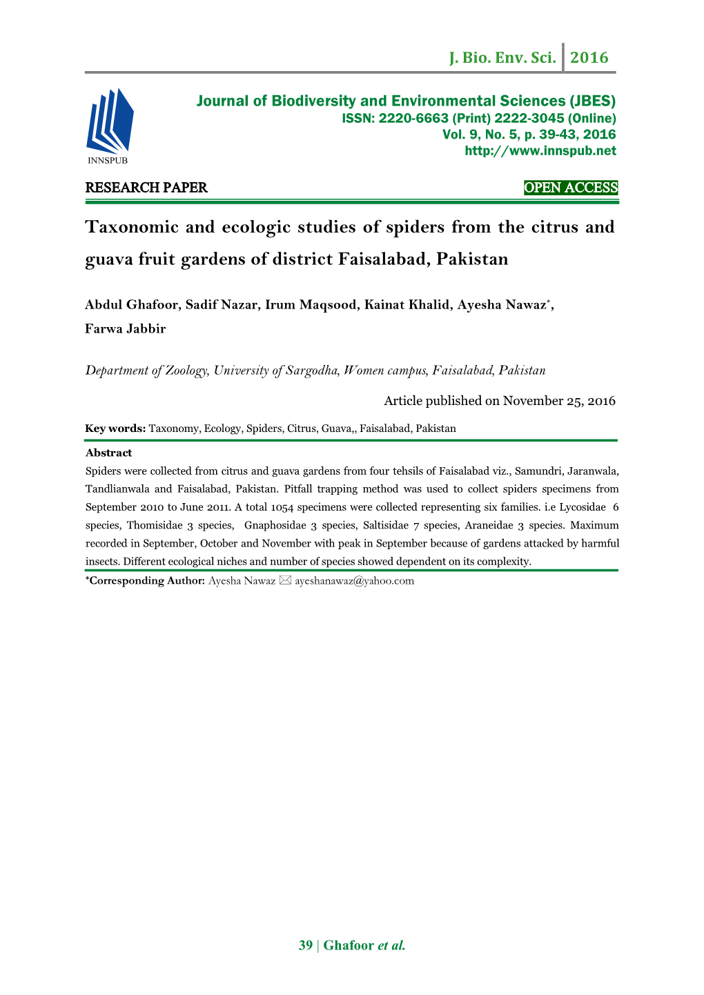 Taxonomic and Ecologic Studies of Spiders from the Citrus and Guava Fruit Gardens of District Faisalabad, Pakistan